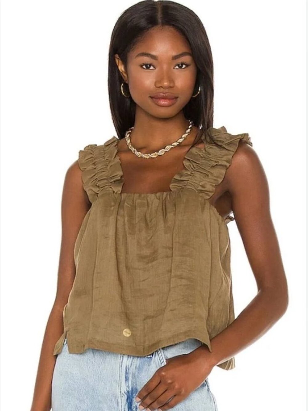 Frame Ruffle Strap Tank in Moss Green. Medium.